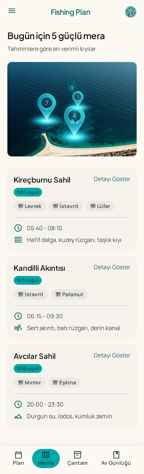 Fishing Plan recommended spots screen