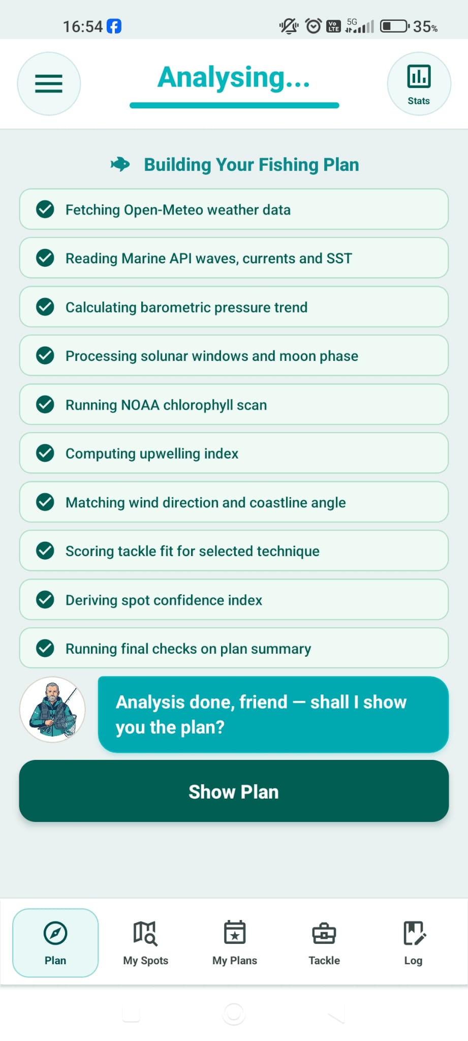Fishing Plan analysis flow screen