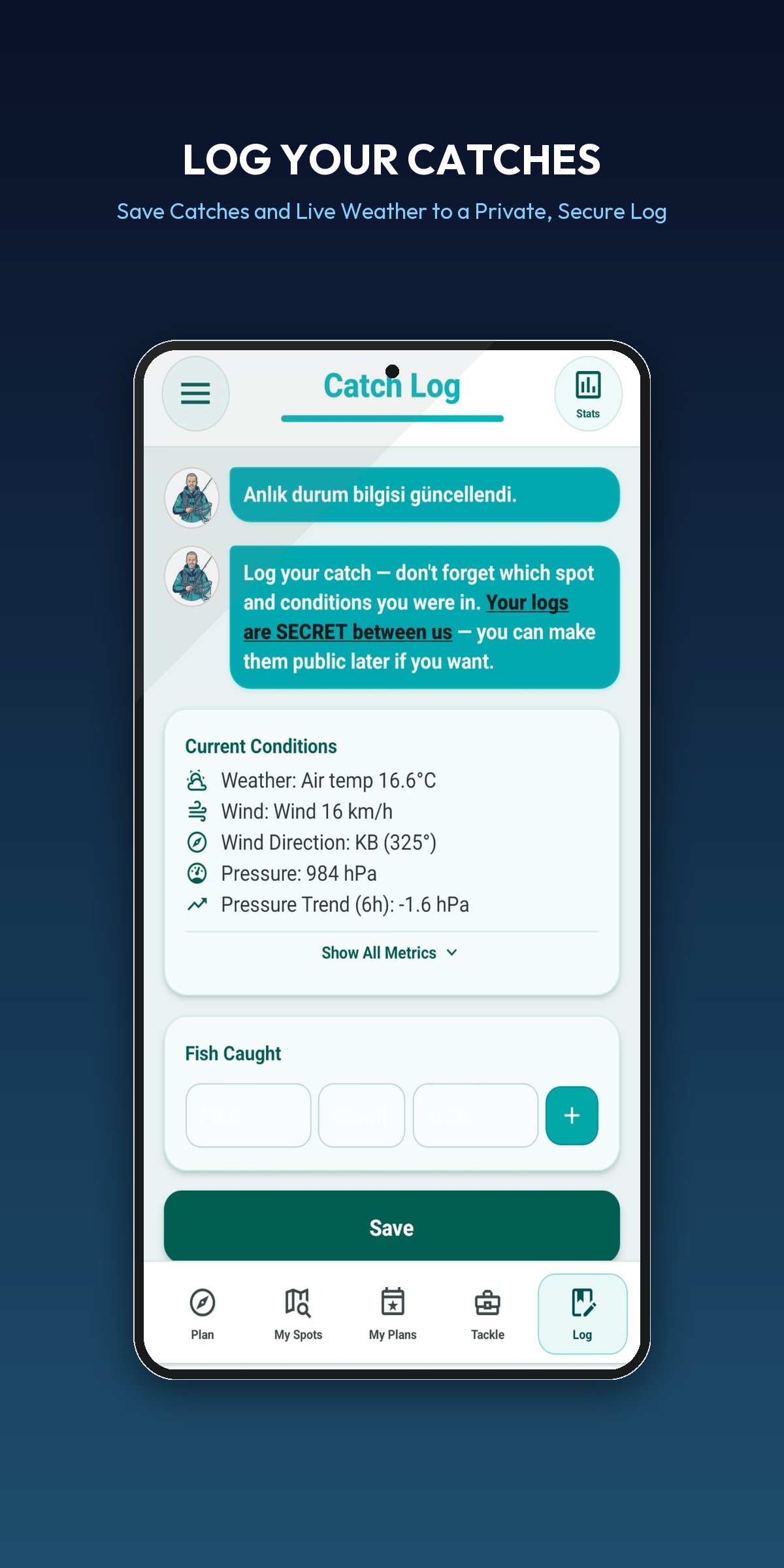 Fishing Plan catch log screen