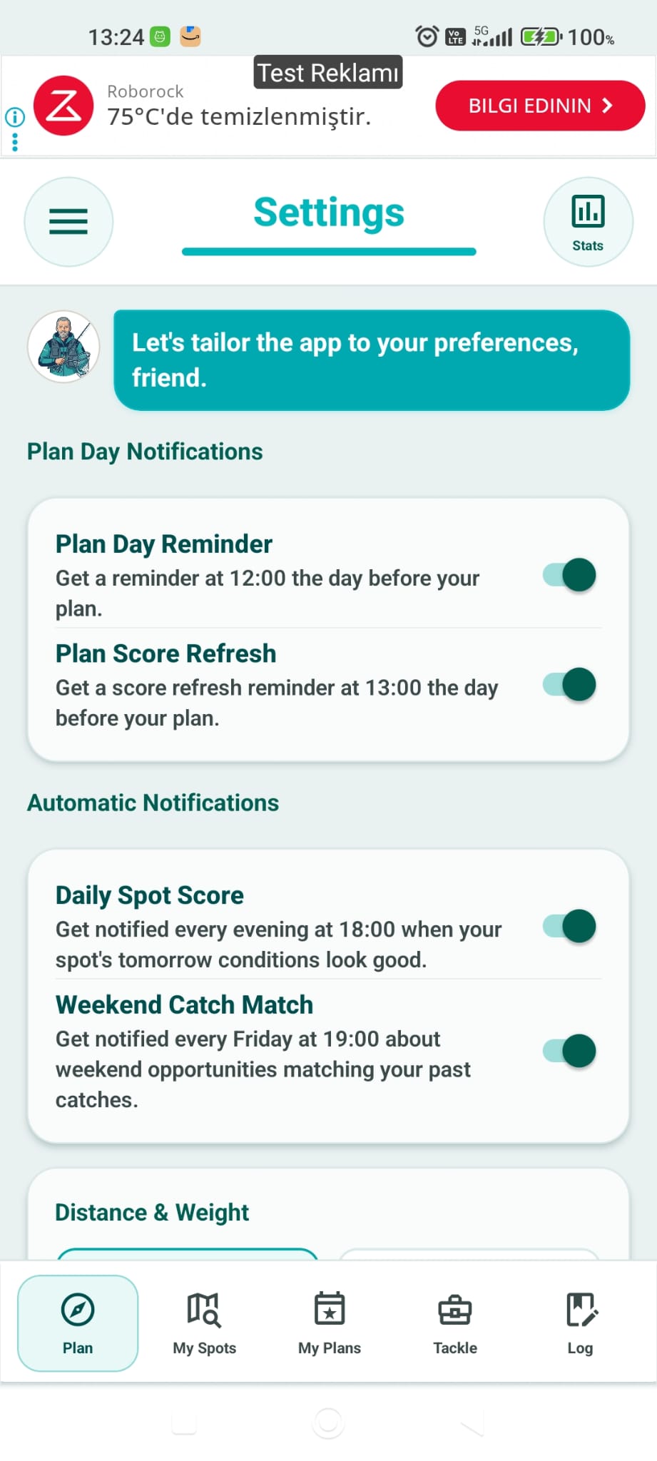 Fishing Plan notification settings screen
