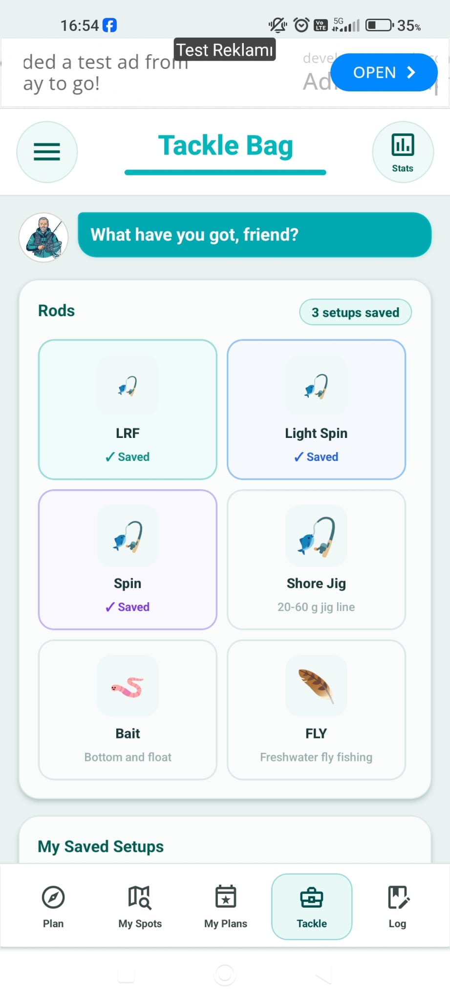 Fishing Plan tackle setups screen