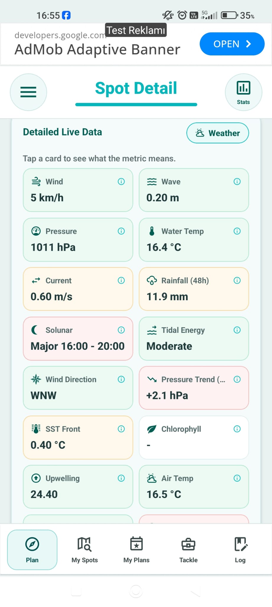 Fishing Plan spot detail screen