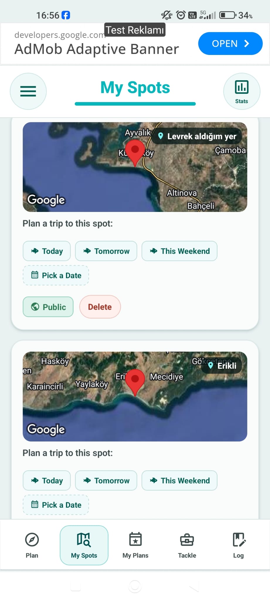 Fishing Plan saved spots screen