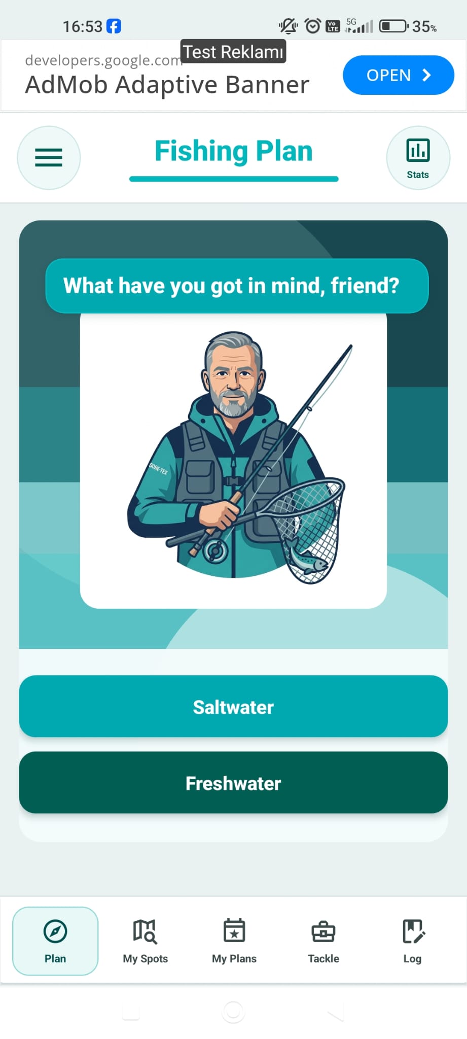 Fishing Plan water type selection screen