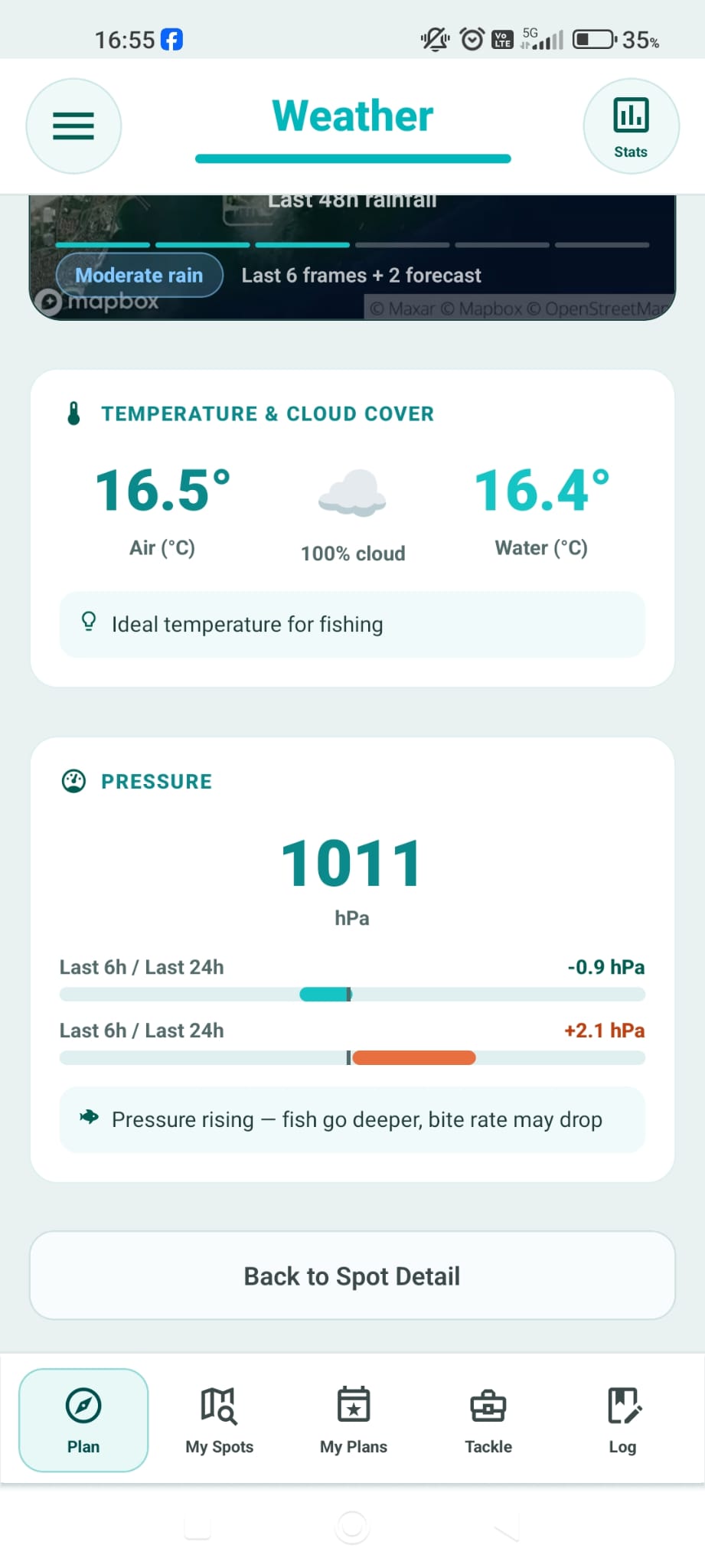 Fishing Plan weather intelligence screen